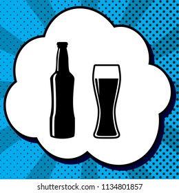 Beer bottle sign. Vector. Black icon in bubble on blue pop-art background with rays.