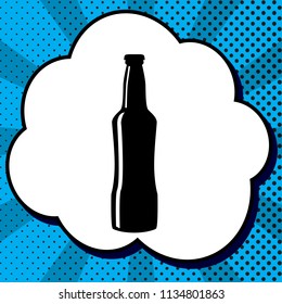 Beer bottle sign. Vector. Black icon in bubble on blue pop-art background with rays.