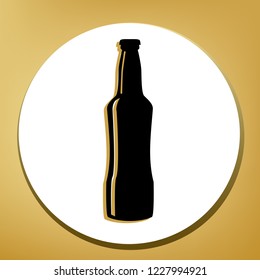 Beer bottle sign. Vector. Black icon with light brown shadow in white circle with shaped ring at golden background.