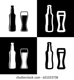 Beer bottle sign. Vector. Black and white icons and line icon on chess board.