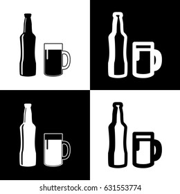 Beer bottle sign. Vector. Black and white icons and line icon on chess board.