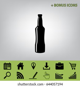 Beer bottle sign. Vector. Black icon at gray background with bonus icons 