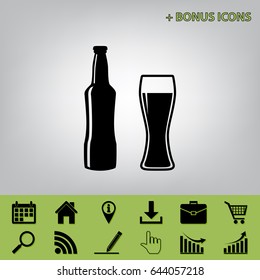 Beer bottle sign. Vector. Black icon at gray background with bonus icons 