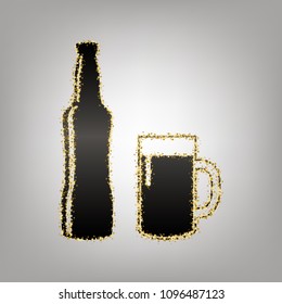 Beer bottle sign. Vector. Blackish icon with golden stars at grayish background.