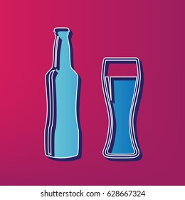 Beer bottle sign. Vector. Blue 3d printed icon on magenta background.