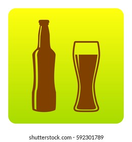 Beer bottle sign. Vector. Brown icon at green-yellow gradient square with rounded corners on white background. Isolated.