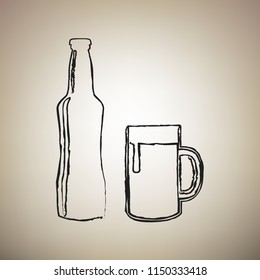 Beer bottle sign. Vector. Brush drawed black icon at light brown background.