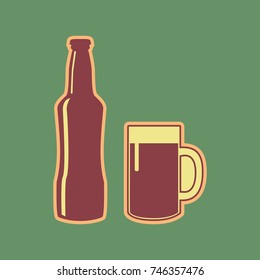 Beer bottle sign. Vector. Cordovan icon and mellow apricot halo with light khaki filled space at russian green background.