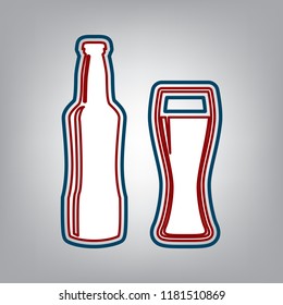 Beer bottle sign. Vector. Dark red, transparent and midnight green stroke of white icon at grayish background.