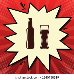 Beer bottle sign. Vector. Dark red icon in lemon chiffon shutter bubble at red popart background with rays.