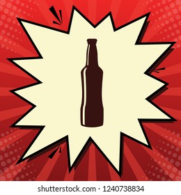 Beer bottle sign. Vector. Dark red icon in lemon chiffon shutter bubble at red popart background with rays.