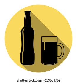 Beer bottle sign. Vector. Flat black icon with flat shadow on royal yellow circle with white background. Isolated.