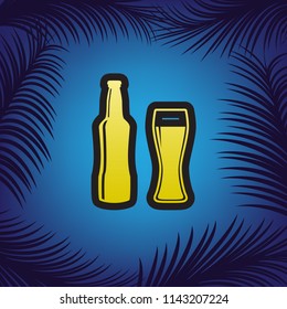 Beer bottle sign. Vector. Golden icon with black contour at blue background with branches of palm trees.