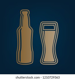 Beer bottle sign. Vector. Golden icon and border at dark cyan background.