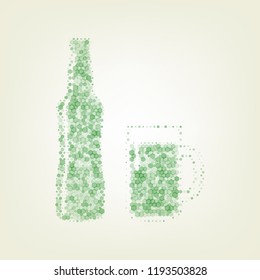 Beer bottle sign. Vector. Green hexagon rastered icon and noised opacity and size at light green background with central light.