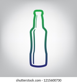 Beer bottle sign. Vector. Green to blue gradient contour icon at grayish background with light in center.