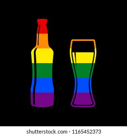 Beer bottle sign. Vector. Icon with colors of LGBT flag at black background.
