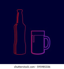 Beer bottle sign. Vector. Line icon with gradient from red to violet colors on dark blue background.