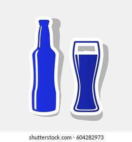 Beer bottle sign. Vector. New year bluish icon with outside stroke and gray shadow on light gray background.