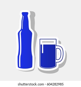 Beer bottle sign. Vector. New year bluish icon with outside stroke and gray shadow on light gray background.