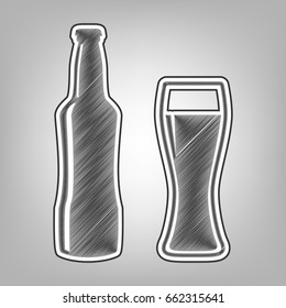 Beer bottle sign. Vector. Pencil sketch imitation. Dark gray scribble icon with dark gray outer contour at gray background.