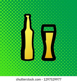 Beer bottle sign. Vector. Pop art orange to yellow dots-gradient icon with black contour at greenish background.