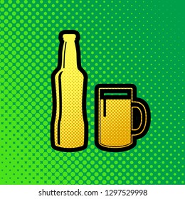 Beer bottle sign. Vector. Pop art orange to yellow dots-gradient icon with black contour at greenish background.