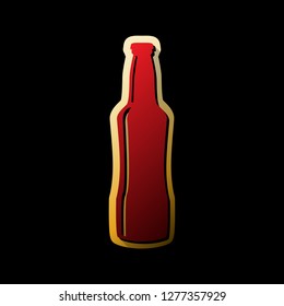 Beer bottle sign. Vector. Red icon with small black and limitless shadows at golden sticker on black background.