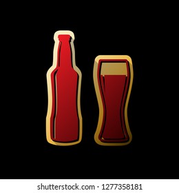 Beer bottle sign. Vector. Red icon with small black and limitless shadows at golden sticker on black background.