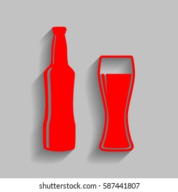 Beer bottle sign. Vector. Red icon with soft shadow on gray background.