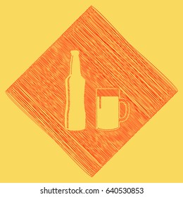 Beer bottle sign. Vector. Red scribble icon obtained as a result of subtraction rhomb and path. Royal yellow background.