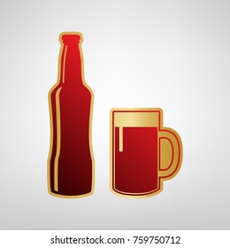 Beer bottle sign. Vector. Red icon on gold sticker at light gray background.