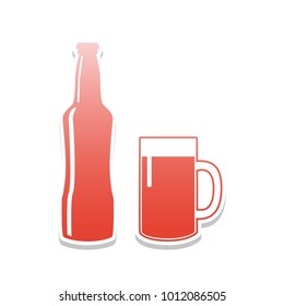Beer bottle sign. Vector. Reddish icon with white and gray shadow on white background. Isolated.
