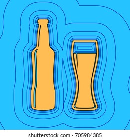 Beer bottle sign. Vector. Sand color icon with black contour and equidistant blue contours like field at sky blue background. Like waves on map - island in ocean or sea.