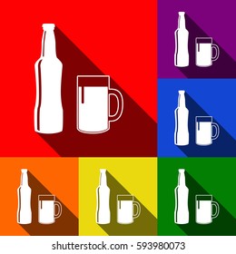 Beer bottle sign. Vector. Set of icons with flat shadows at red, orange, yellow, green, blue and violet background.