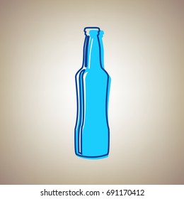 Beer bottle sign. Vector. Sky blue icon with defected blue contour on beige background.