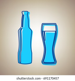 Beer bottle sign. Vector. Sky blue icon with defected blue contour on beige background.