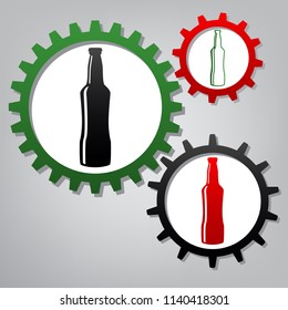 Beer bottle sign. Vector. Three connected gears with icons at grayish background.
