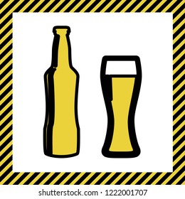 Beer bottle sign. Vector. Warm yellow icon with black contour in frame named as under construction at white background. Isolated.