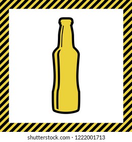 Beer bottle sign. Vector. Warm yellow icon with black contour in frame named as under construction at white background. Isolated.