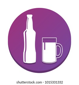 Beer bottle sign. Vector. White icon with flat shadow on purpureus circle at white background. Isolated.