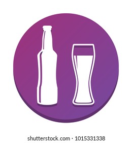 Beer bottle sign. Vector. White icon with flat shadow on purpureus circle at white background. Isolated.
