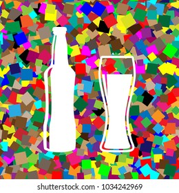 Beer bottle sign. Vector. White icon on colorful background with seamless pattern from squares.