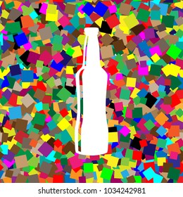 Beer bottle sign. Vector. White icon on colorful background with seamless pattern from squares.