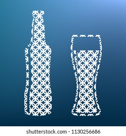 Beer bottle sign. Vector. White textured icon at lapis lazuli gradient background.