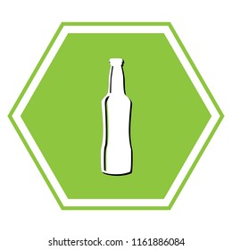 Beer bottle sign. Vector. White icon with black shadow at yellow green honeycomb on white background.