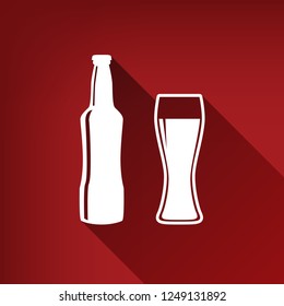 Beer bottle sign. Vector. White icon with limitless shadow at ruby red background.