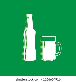 Beer bottle sign. Vector. White flat icon with yellow striped shadow at green background.