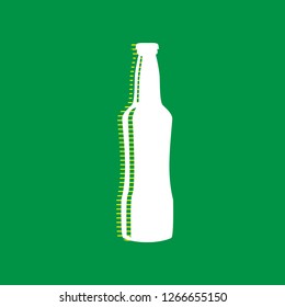 Beer bottle sign. Vector. White flat icon with yellow striped shadow at green background.