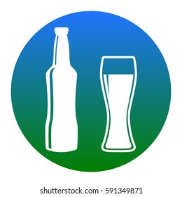 Beer bottle sign. Vector. White icon in bluish circle on white background. Isolated.